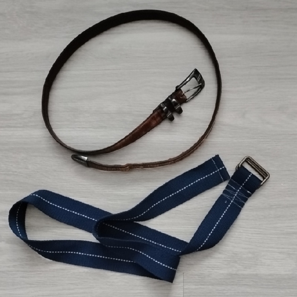 Men's Belts. Navy Blue Webbing & Vintage Brown Italian Leather